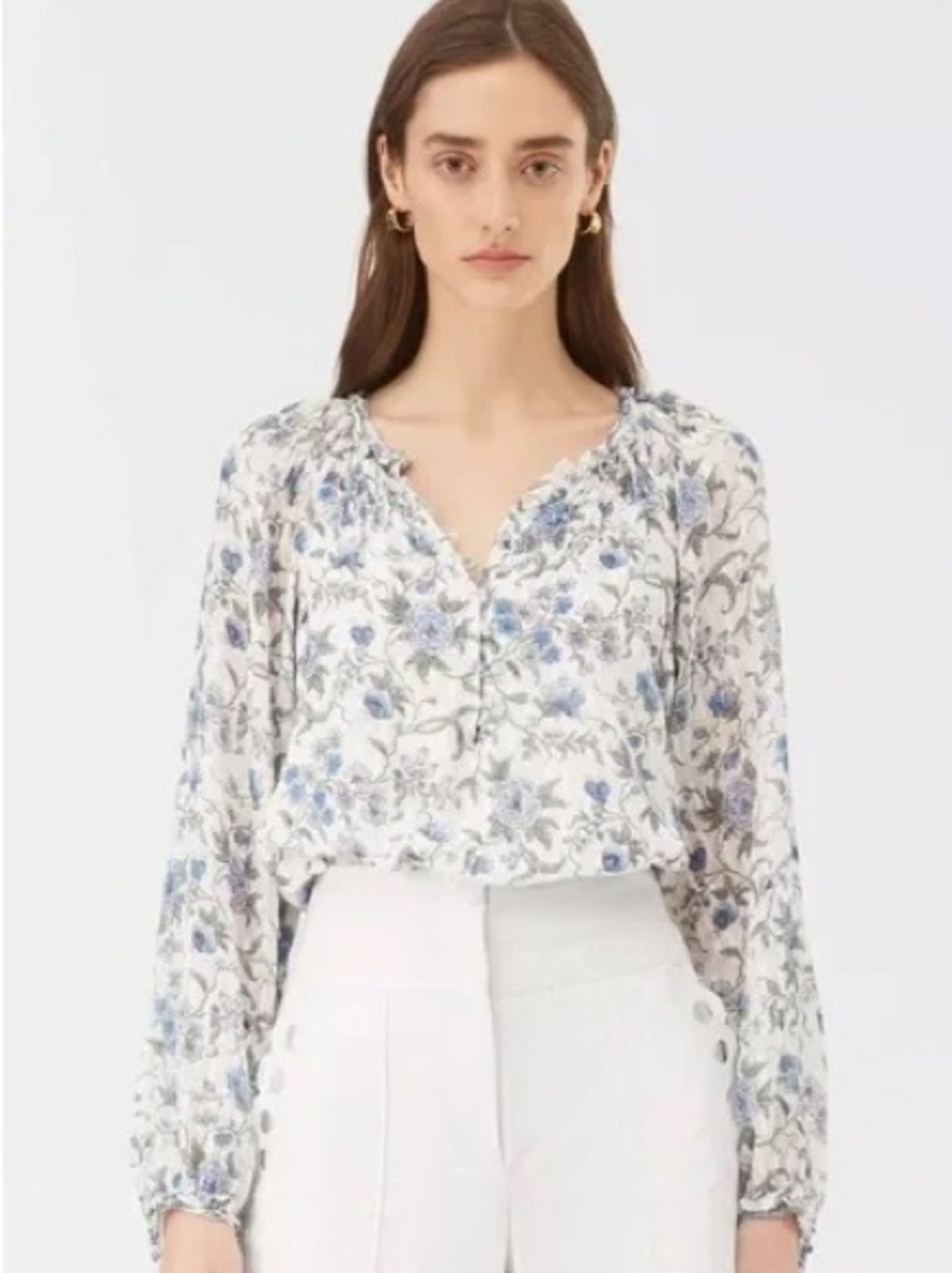 Rebecca Taylor Silk Blend Oxford Blue & White Esmee Fleur Clip Top Blouse Size 6